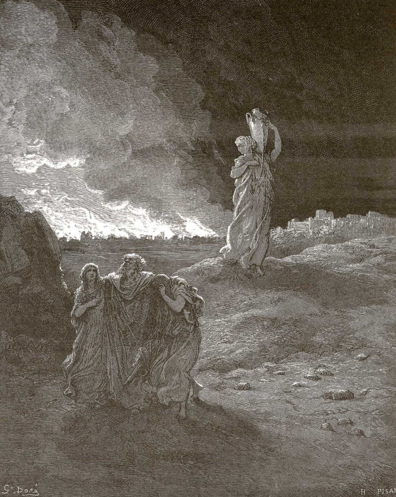 Paul Gustave Dore. Bible illustrations: Lot's family leaves Sodom