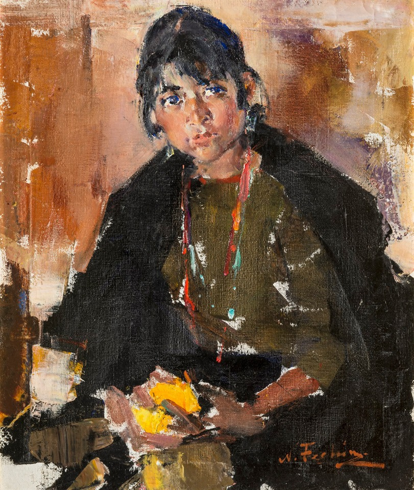 Nikolay Ivanovich Feshin. Retrato de una niña de taos