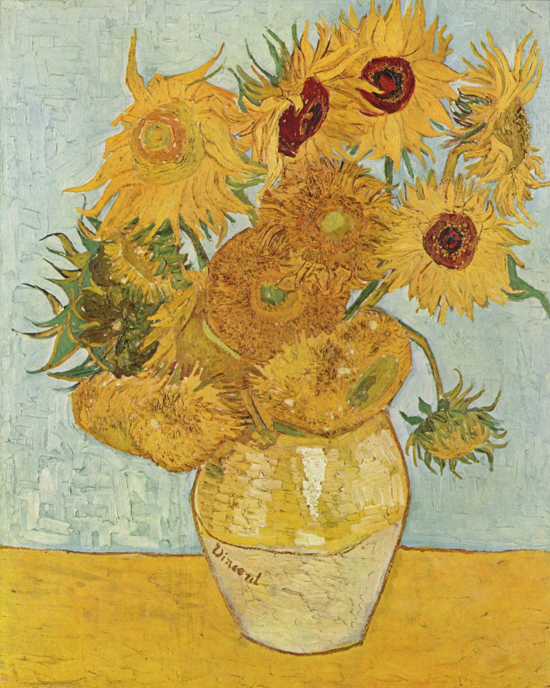 Vase with twelve sunflowers