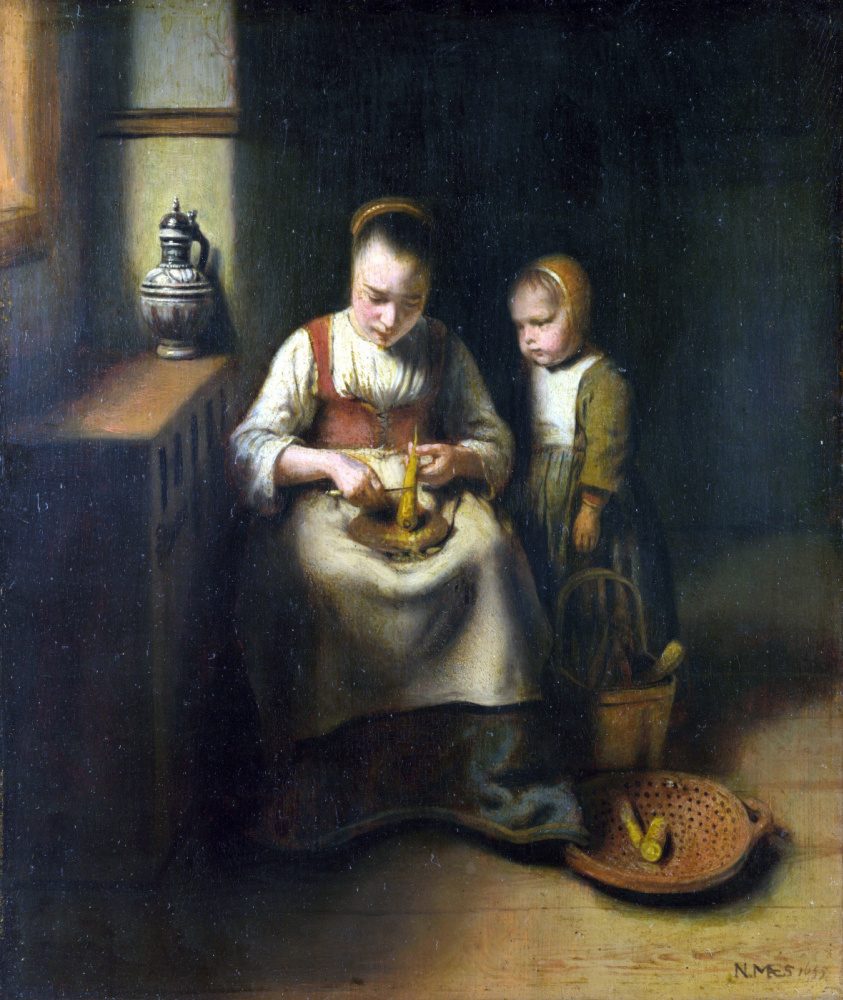 Nicholas Mas. Woman peeling parsnip and child