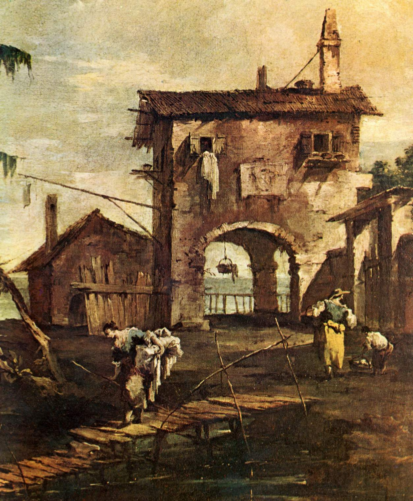 Francesco Guardi. Capriccio: a dilapidated church, a peasant's house and figures on the Laguna River, fragment