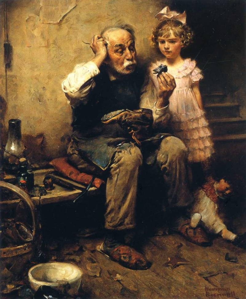 Norman Rockwell. Shoemaker thinks how to fix a Shoe doll