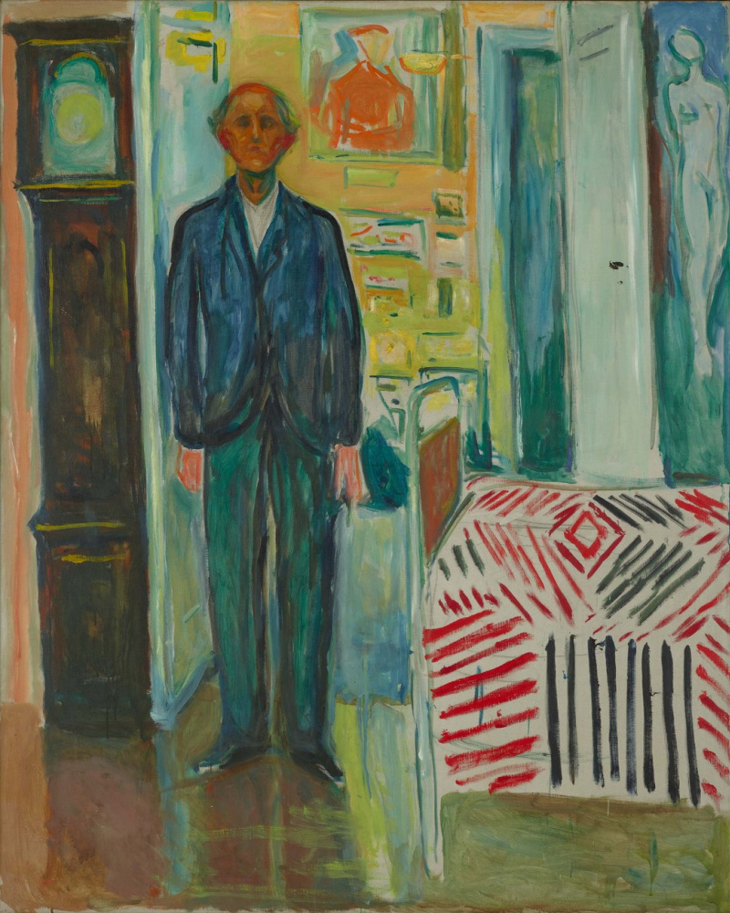 Edward Munch. Self portrait between clock and bed