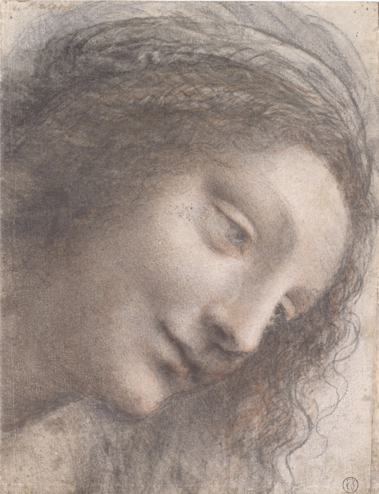 Leonardo da Vinci. The head of the Virgin in three-quarter view facing right