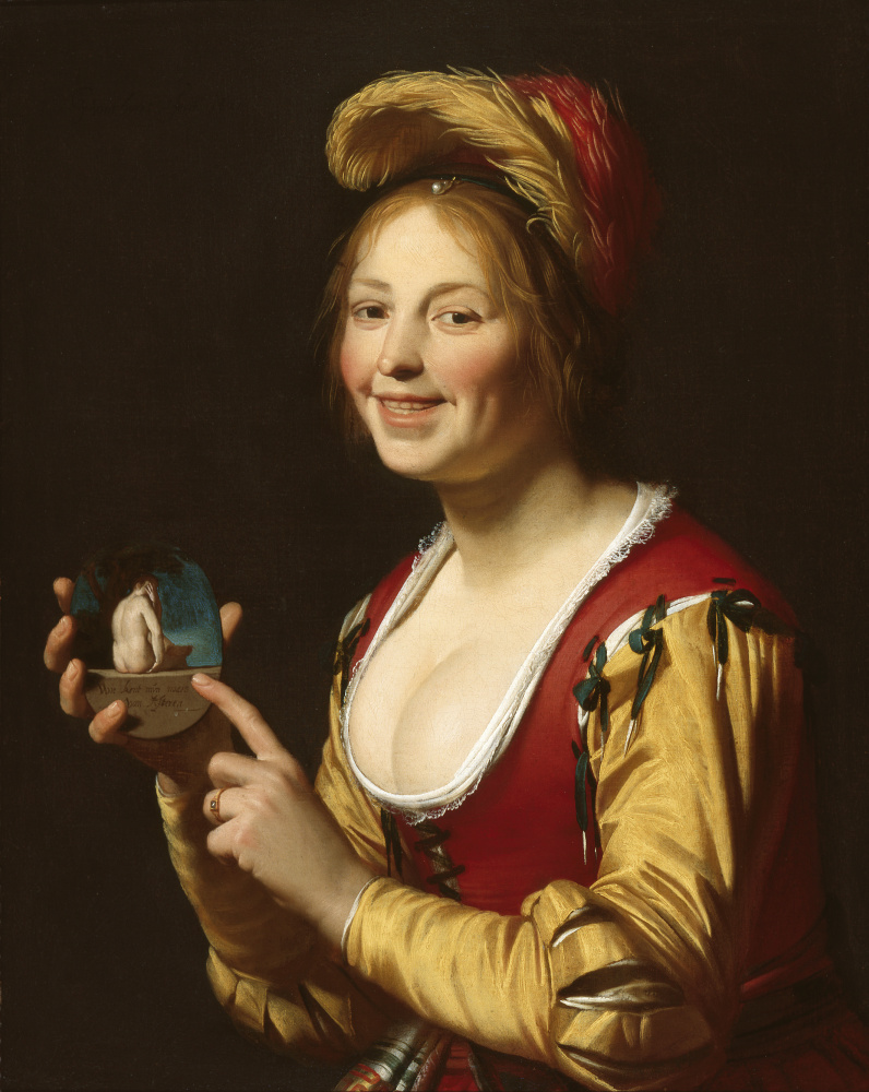 Gerrit van Honthorst. Smiling Girl, a Courtesan, Holding an Obscene Image