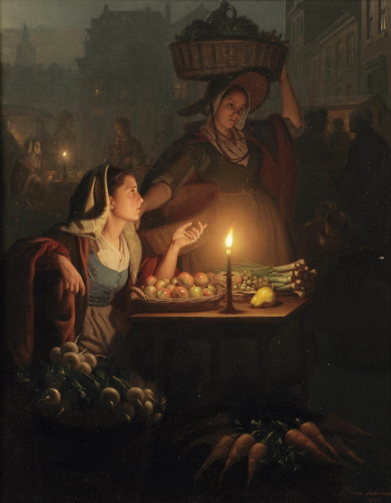 Petrus van Shendel. Lebhafter Nachtmarkt mit Gemüsetablett. 1865