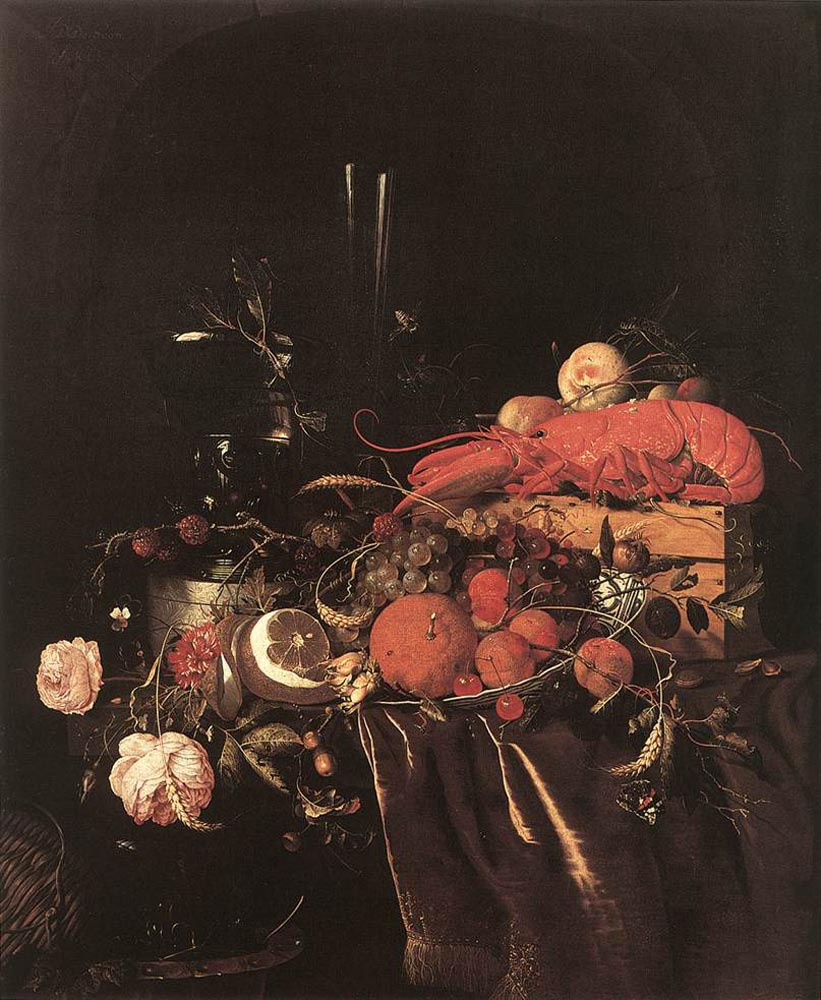 Jan Davids de Hem. Still life with fruit, flowers, glasses and lobster