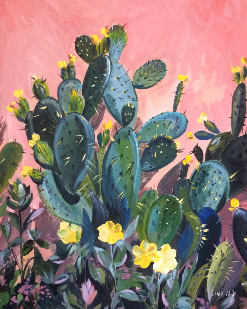 Oksana Gracheva. Cactus en el fondo de la valla rosa