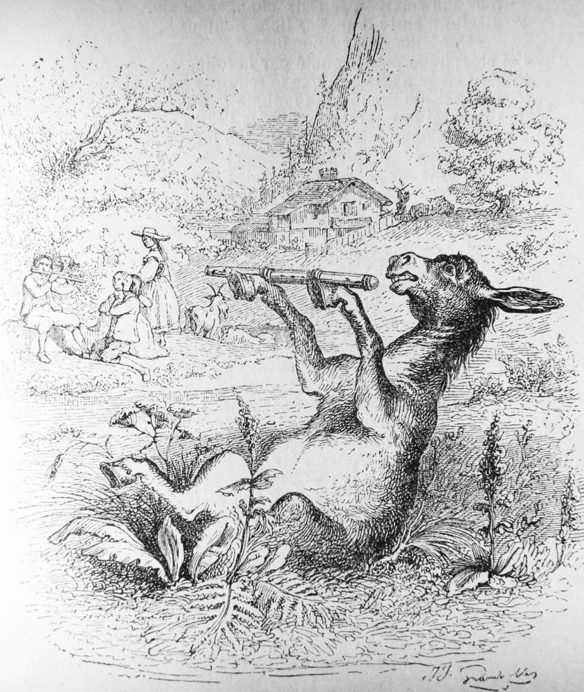 Jean Ignace Isidore Gérard Grandville. Donkey-flutist. Illustrations to the fables of Florian