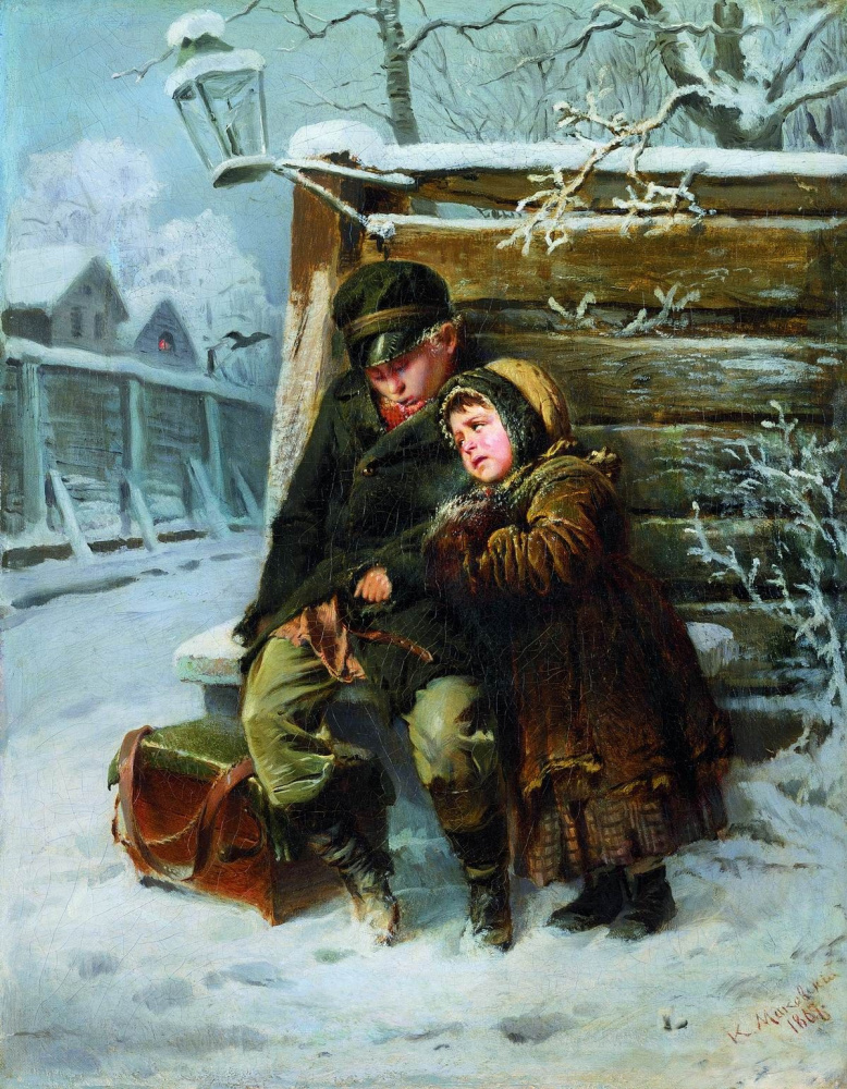 Konstantin Makovsky. The little organ-grinders near the fence in winter