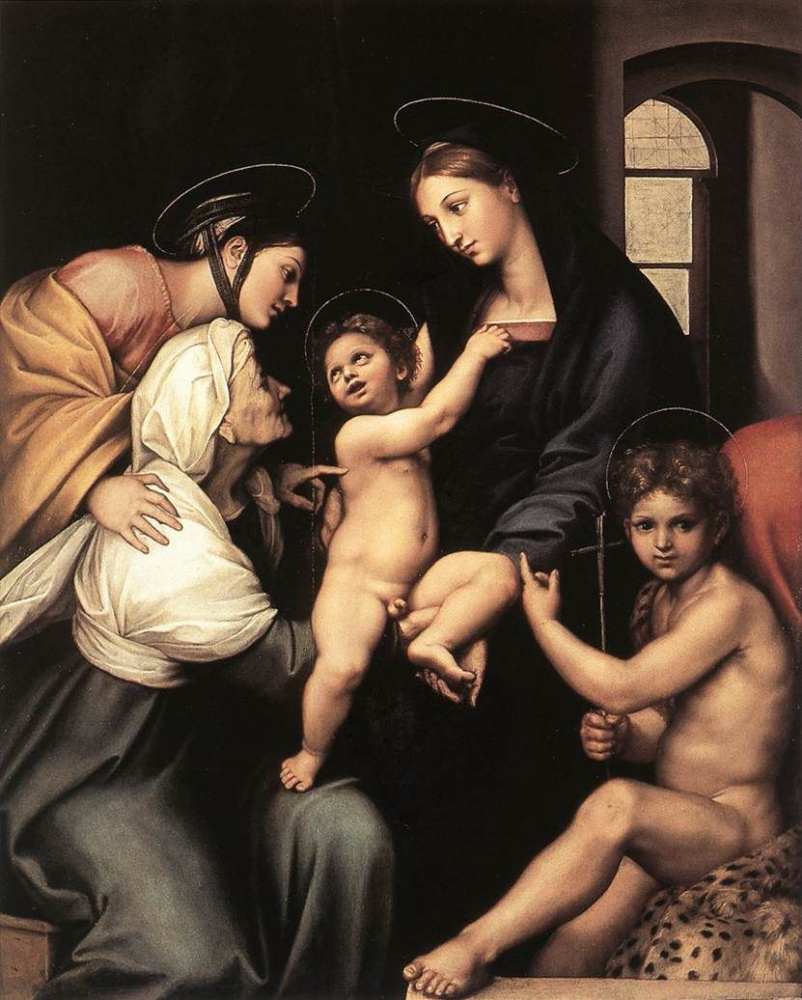 Raphael Santi. Madonna and child with Saint John the Baptist (the Madonna del Impannata or Madonna of the veil)