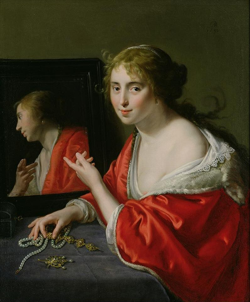 Paulus Morales. Vanitas. Young woman sitting at dressing table