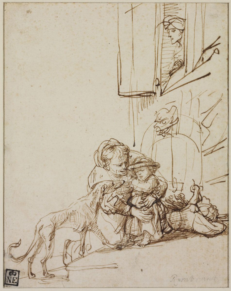 Рембрандт Харменс ван Рейн. Женщина и ребёнок, напуганный собакой