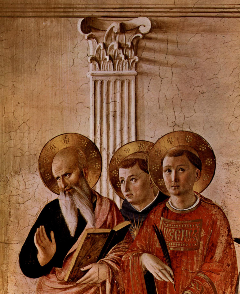 Fra Beato Angelico. John the Theologian, Thomas Aquinas, the martyr Lawrence. Fragment of the fresco "Madonna of the Shadows" of the Monastery of San Marco, Florence