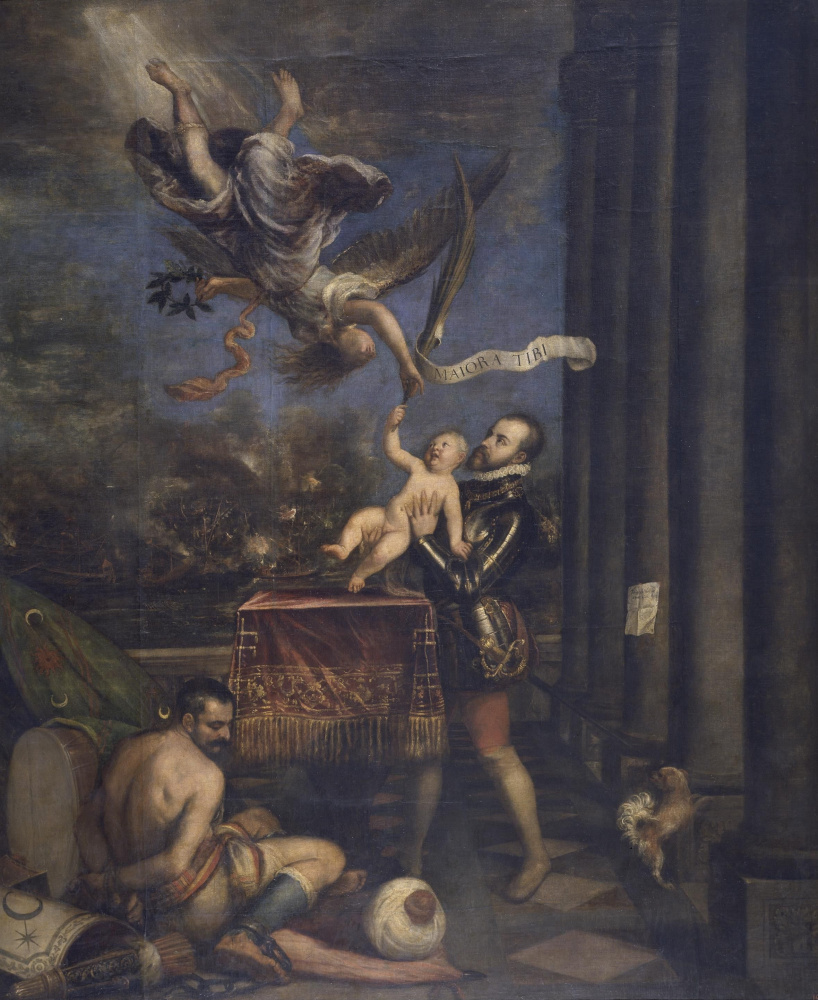 Titian Vecelli. The offering of Philip II (Philippe II shows angel son, the Infante Fernando)