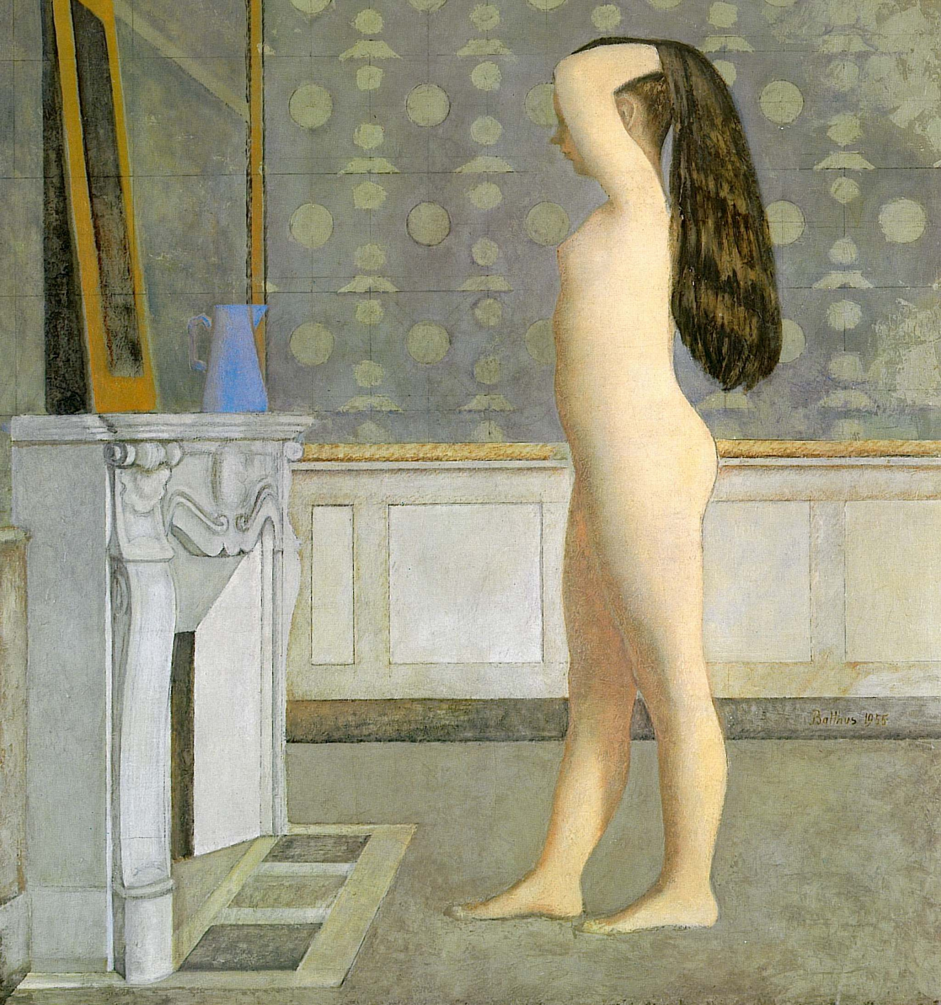 Balthus (Balthasar Klossovsky de Rola) Nude in front of the fireplace,  1955, 164×191 cm: Description of the artwork | Arthive