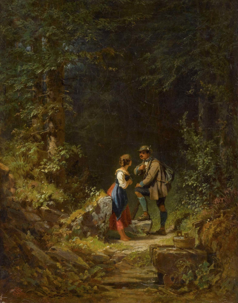 Karl Spitzweg. Meeting in the forest: a hunter and a farmer