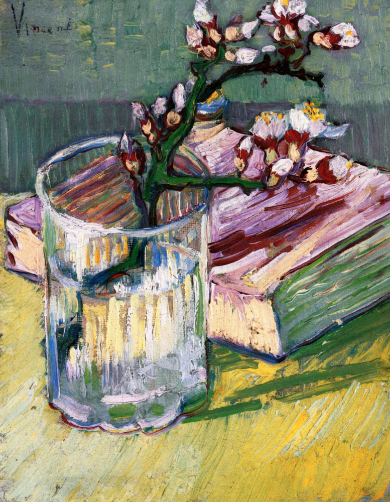 Vincent van Gogh. Branch of flowering almond in a vase and book