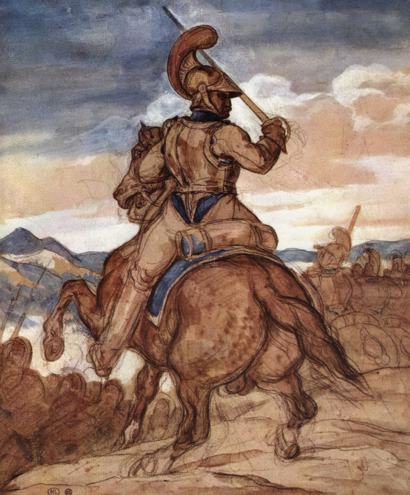 Théodore Géricault. Carabinieri officer on horseback, figure from the back