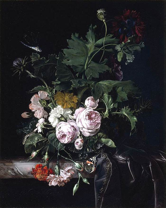 Willem van Aelst. Still life with bouquet of flowers and a dragonfly