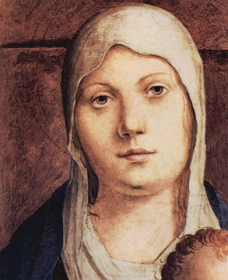 Antonello da Messina. Madonna on the throne fragment Pala di San Cassiano, Venice, detail: Head of Madonna