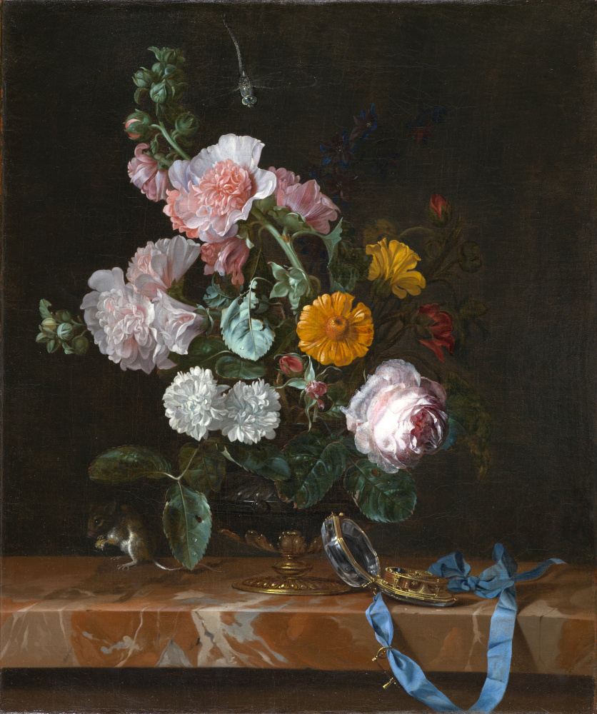 Willem van Aelst. Vase with flowers and clock
