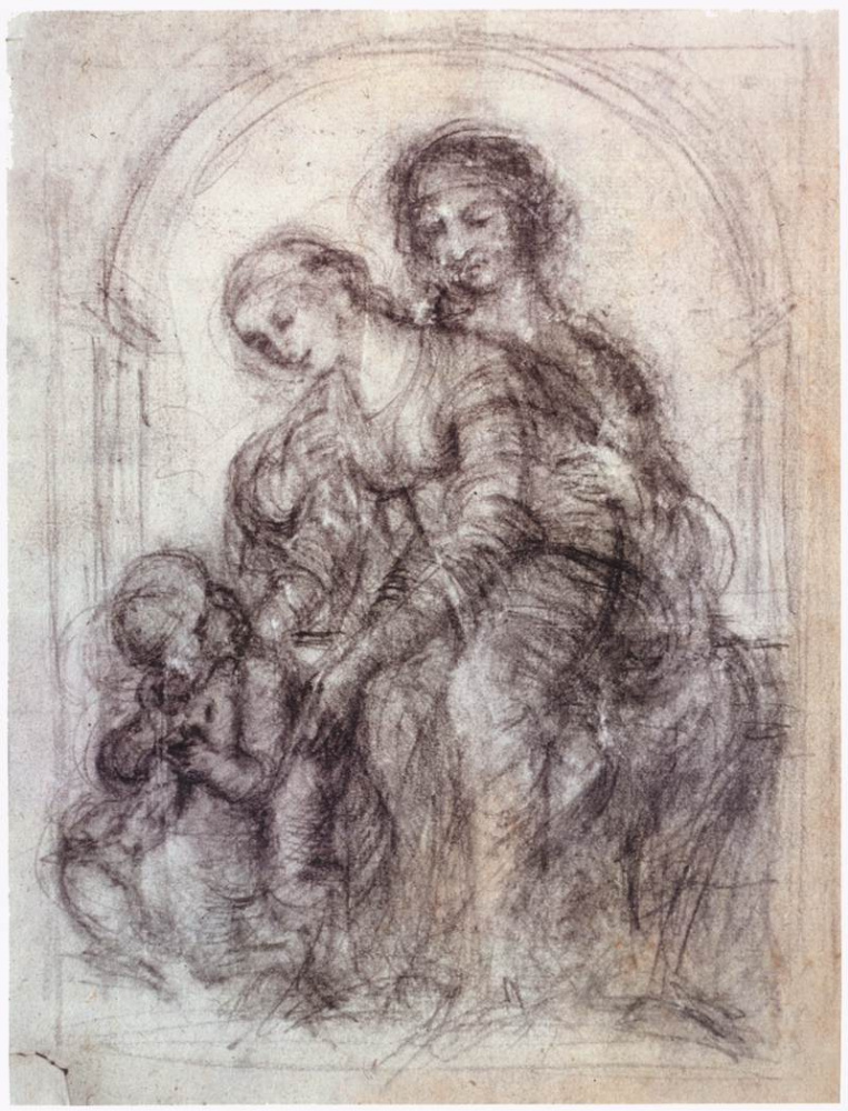 Leonardo da Vinci. Madonna with child and St. Anna (sketch)