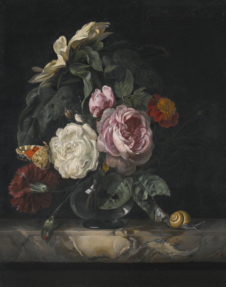 Willem van Aelst. Still life with roses, butterfly and snail