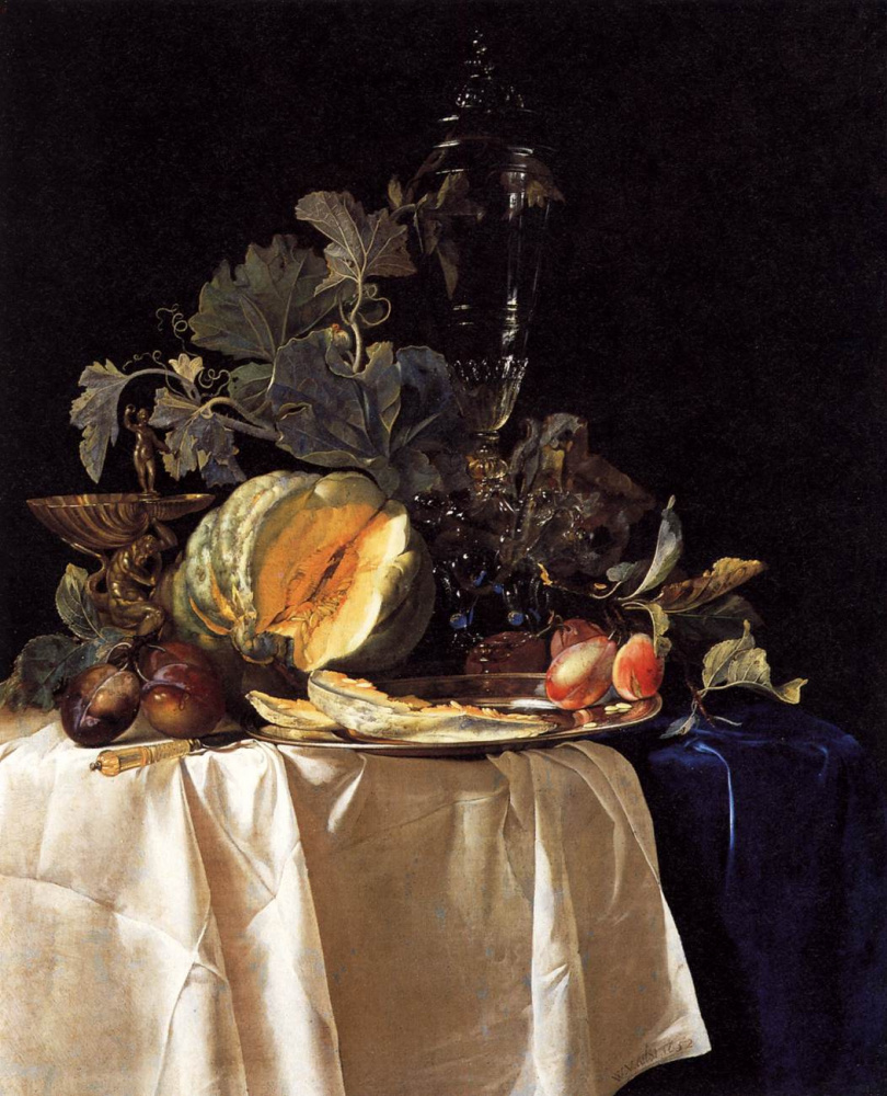Willem van Aelst. Bodegón con calabaza, fruta y jarrón.