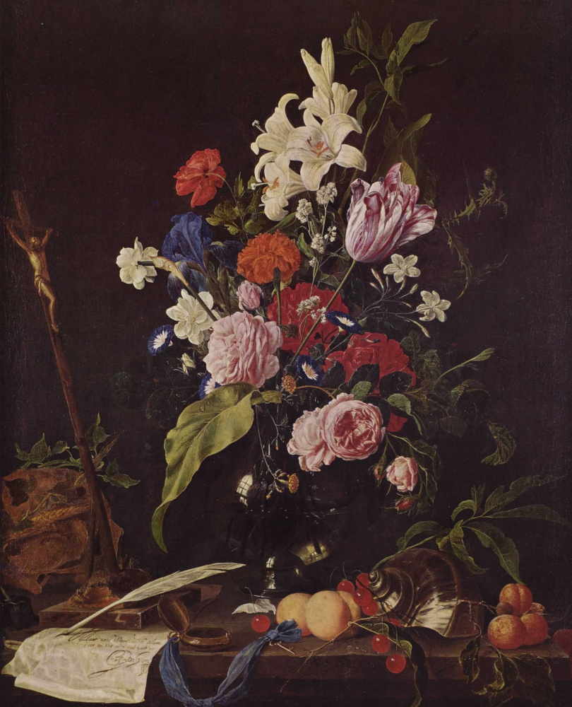 Jan Davids de Hem. Flowers in glass vase, crucifix and skull