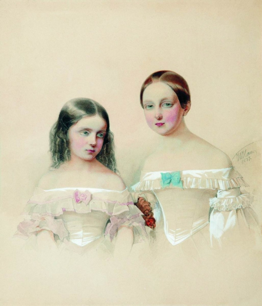 Vladimir Ivanovich Gau (1816-1895). Portrait of Grand Duchesses Maria Mikhailovna and Catherine Mikhailovna