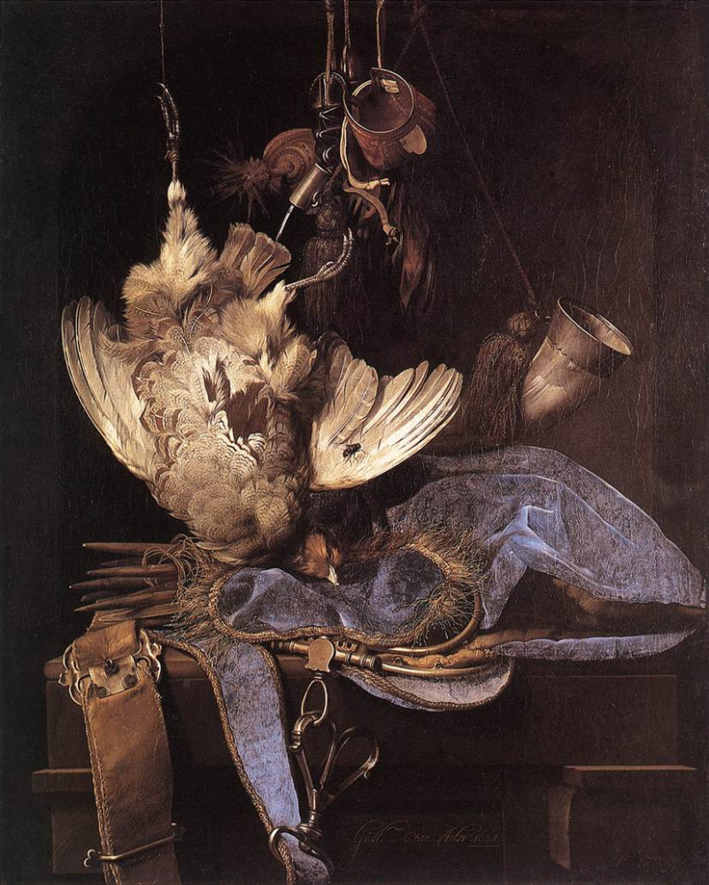 Willem van Aelst. Still life with hunting equipment and dead birds