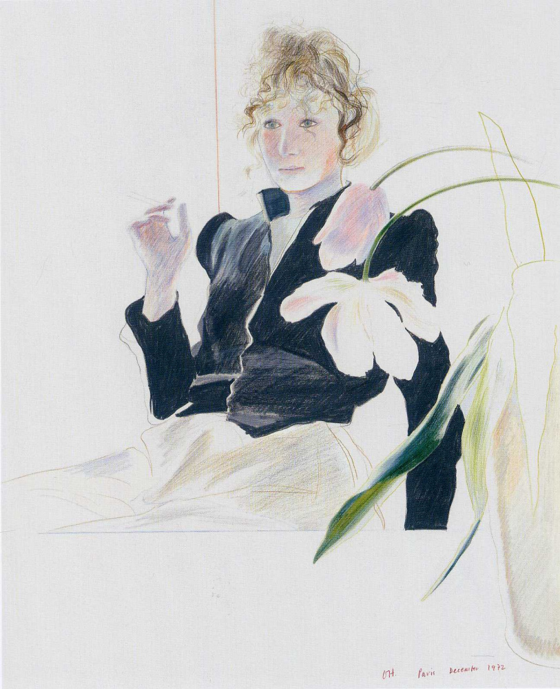 David Hockney. Celia in a black dress with white flowers