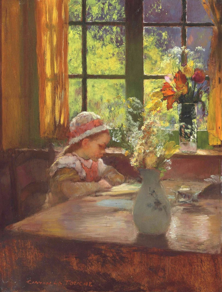 Gaston la Touche France 1854 - 1913. The girl in bonnet, reading by the window.