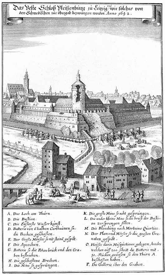 Matthaus Merian Elder. Leipzig, the firing of Pleissenburg by the Swedes in 1642