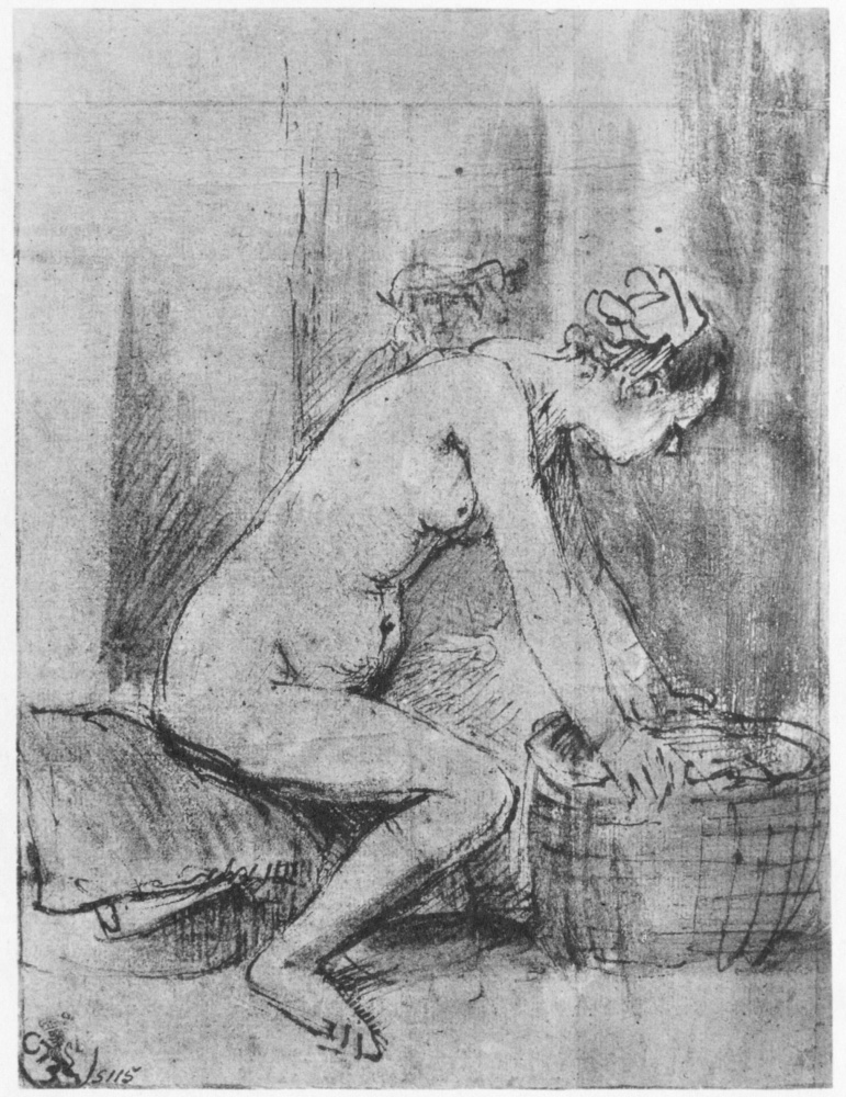 Rembrandt Harmenszoon van Rijn. Nude in profile, resting her hands on the cart, and the man's head in the background