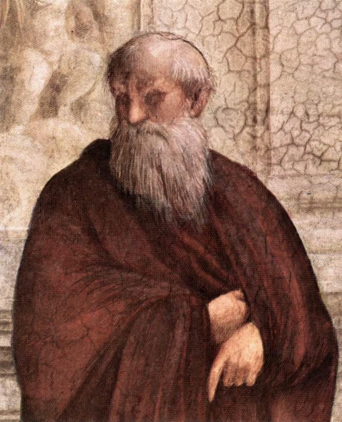 Raphael Santi. The stanza della senyatura. The fresco "the school of Athens". Snippet: idealist philosopher Plotinus