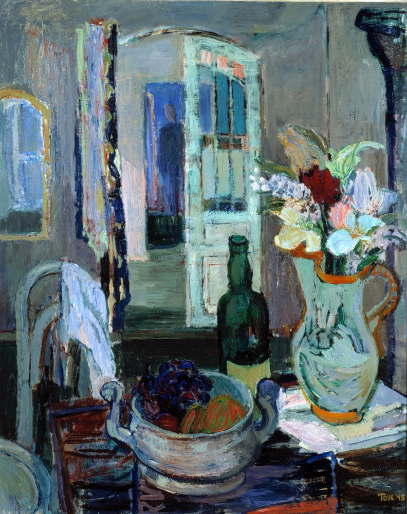 Tove Jansson. Still life with fruit and flowers on the background of an open door