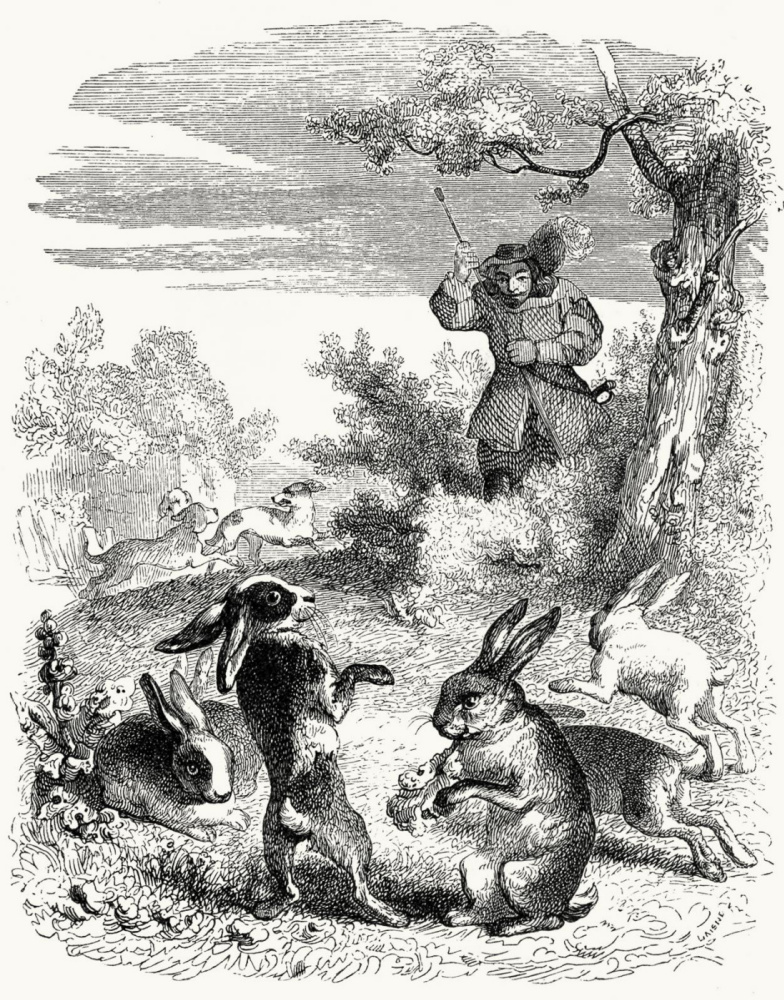 Jean Ignace Isidore Gérard Grandville. Hunter and Rabbits. Illustrations to the fables of Jean de Lafontaine