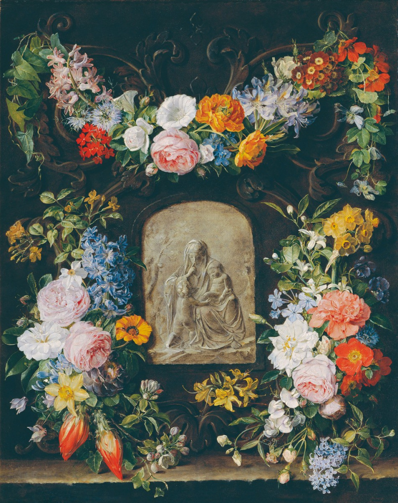 Paulina Kudelka-Shmerling. Ghirlanda di fiori con bassorilievo di Madonna