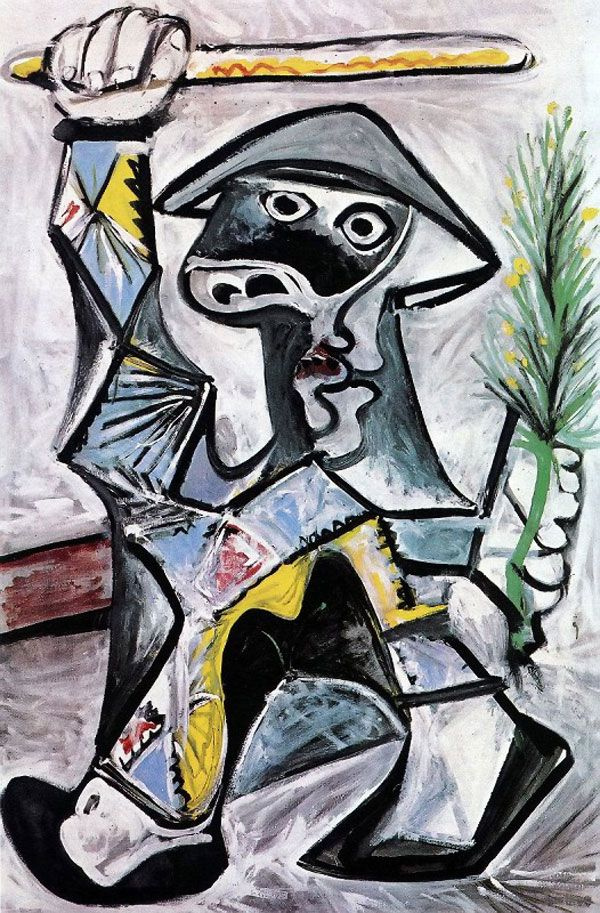 Pablo Picasso. Harlekin mit einem Stock