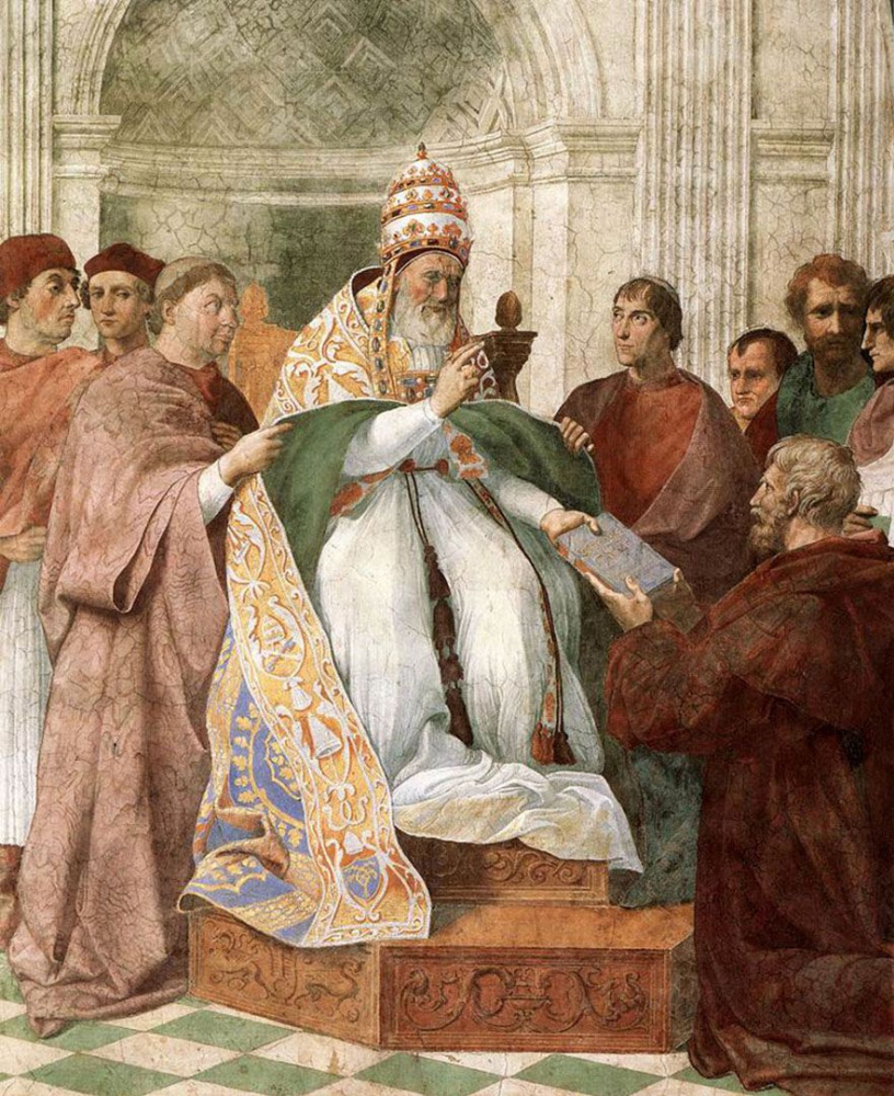 Raphael Sanzio. Pope Gregory the Ninth approves the decrees. The fresco of "Virtue and law". The stanza della senyatura. Fragment