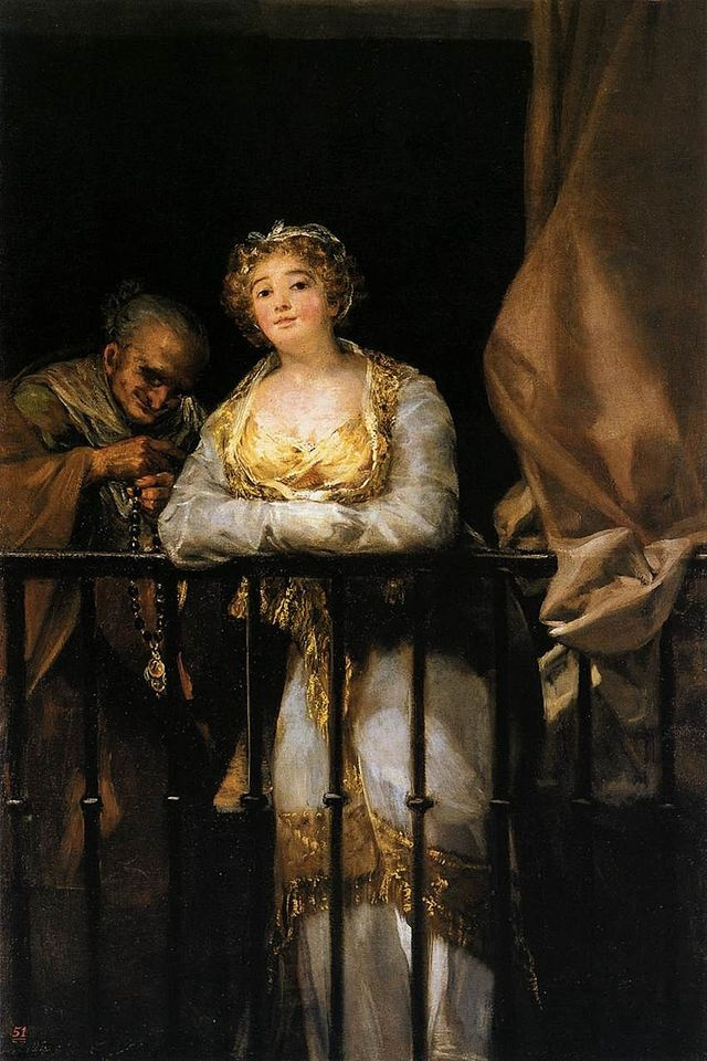 Francisco Goya. 阳台上有玛哈和塞莱斯廷