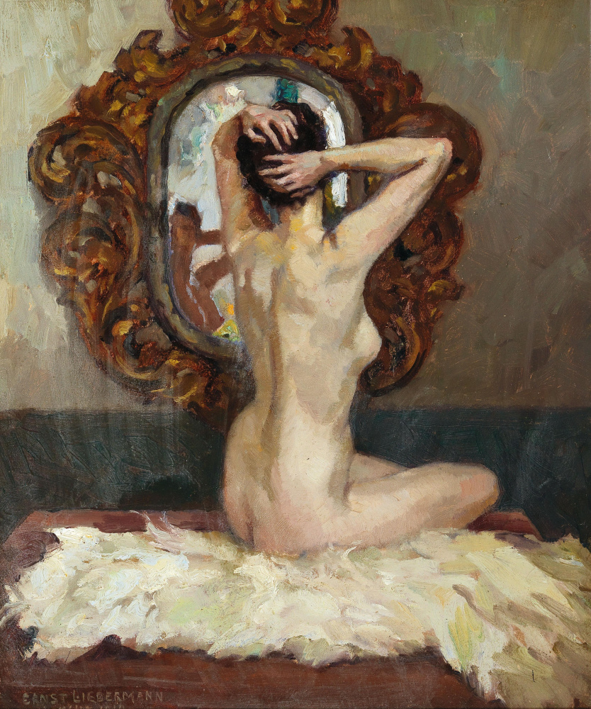 Ernst Lieberman. Desnudo de espaldas, sentado frente a un espejo.