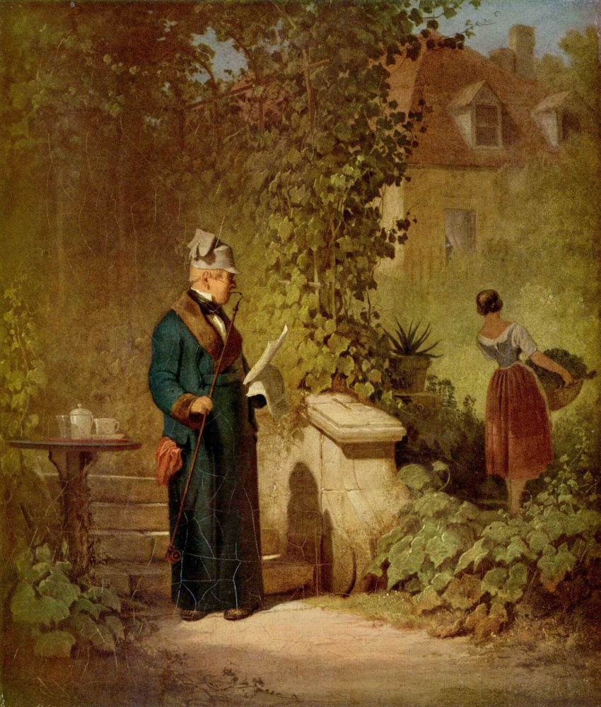 Karl Spitzweg. Reading the newspaper in the garden