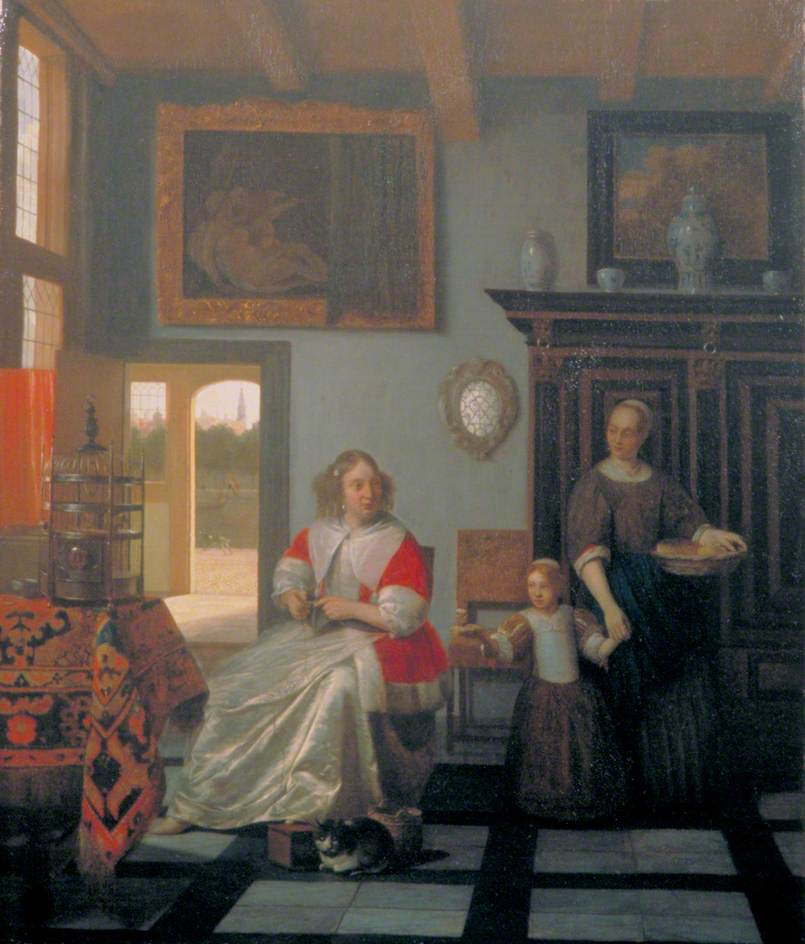 Питер де Хох. Женщина с вязанием, служанка и ребенок