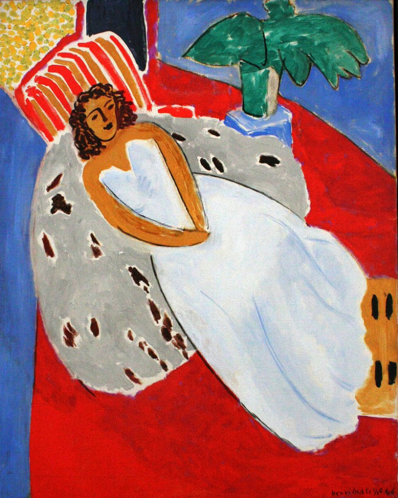 Henri Matisse. Young woman in white on a red background