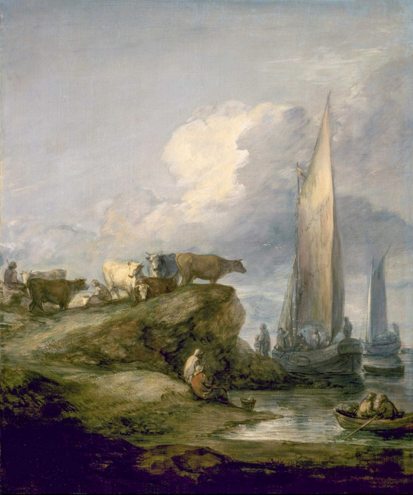 Thomas Gainsborough. Coastal landscape with fishing boats and cows on the hills