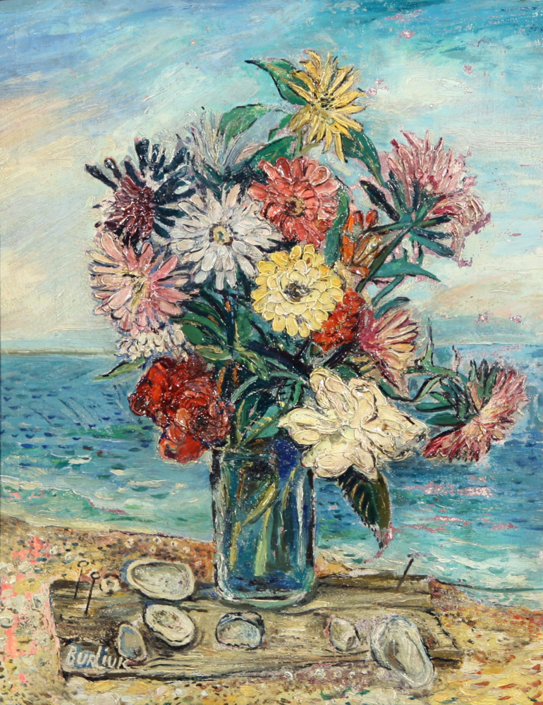 David Davidovich Burliuk. Still life with flowers on the beach