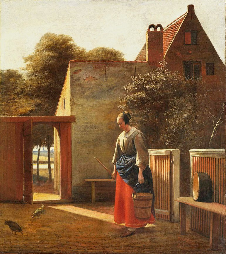 Pieter de Hooch. A maid with a bucket in the yard